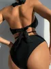 Women's Swimwear Sexy Black Blue One Piece Swimsuit 2024 Women Mesh Patchwork Hollow Out Bathing Suit Backless See Through MonokiniH24222