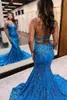 Abiti da ballo a sirena blu con strass Abiti da sera sexy con spalline incrociate senza schienale e abiti da sera lunghi da donna