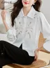 Blouses pour femmes cjfhje broderie de bureau décontractée chemise à manches longues Chic White Femmes Hollow Out Shirts Elegants Fashion Workswear