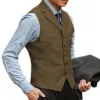 Mäns brittiska fiskbens tweed kostym Vest Business Formal Dress Waistcoat Notch Lapel Sleeveless Casual