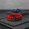 Bracciali 2 pz / set Mappa Pietra Perline di pietra naturale Lusso Punk Acciaio inossidabile Teschio Charms Bracciale da uomo per uomo Bracciali Braccialetti Gioielli