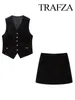 Vestidos de trabalho trafza feminino retro preto casual decote em v único breasted fino ajuste colete conjunto chique cintura alta volta zip mini saia 2 peça