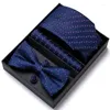 Gravatas borboletas caixa de presente moda seda jacquard gravata hanky cufflink bowtie conjunto para homens negócios festa de casamento