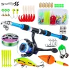 Combo Sougayilang Kids Fishing Pole Set Full Kits with Telescopic Fishing Rod and Spinning Reel Baits Hooks Saltwater Travel Pole Set