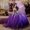 Purple Shiny Off the Shoulder Ball Gown Quinceanera Dresses Beading 3D Flowers Appliques Lace Tull Corset Vestidos De 15 Anos