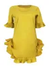 Grundläggande avslappnade klänningar lw söt vanlig klänning ruffle design gul blandad miniklänning kort ärm baksäckare blixt ärms gula modegatan kläder j240222