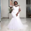 Nigeria Plus Size Aso Ebi Mermaid Wedding Dress Bridal Gowns For Bride Illusion Long Sleeves Sheer Neck Tiered Tulle Beads Lace Marriage for African Black Women NW098