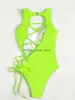 Women's Swimwear Neon Green 2024 Women Solid Hollow Out Cross Back Sexy Adjustable One Piece Swimsuit Bathing Suit Bodysuit MonokiniH24222