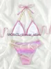 Women's Swimwear Push Up Bikini Micro Bikinis Set 2023 Pink Gradient Metal Strap Swimsuit Women Sexy Cut Out Bathing Suit High WaistH24222