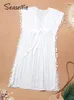 Women's Swimwear SEASELFIE V-neck Tassel Bikini Cover Up For Women White Drawstring Waist Loose Beach Kaftan 2024 Holiday Midi Dress