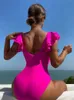 Costume da bagno donna sexy volant donna tinta unita rosa caldo scollo a V controllo addome monokini 2024 costume da bagno estivo costume intero senza schienaleH24222