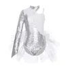 Palco desgaste crianças meninas lantejoulas malha tule contornado unitard tutu ballet dança bailarina traje um ombro manga collant bodysuit