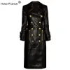 Équipement Nouveau design d'hiver Double Black Black PU Leather Long Coats For Ladies Quality Street Women Trench avec ceinture