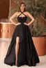 Modern Black Evening Dresses Sexy A Line Halter Neck Appliques Ruffles With Detachable Train Party Occasion Gowns Arabic Formal Vestidos Prom Wears