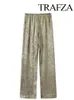 Damesbroek TRAFZA Damesmode Casual Metallic Losse elastische taille Vrouwelijke chique Vintage plooien Trekkoord Wijde pijpen Broek Streetwear