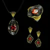 Ensembles de bijoux de luxe trois pièces pour femmes, mode AAA rouge grand Zircon, collier, boucles d'oreilles, bijoux en or noir, ensemble de bijoux de forme ovale