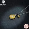 Uppsättningar Bisaer 925 Sterling Silver Sunflower Jewelry Set Plated 14k Gold Color Lucky Necklace Earring Gift for Women Fine Jewelry Gift