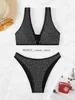 Mulheres Swimwear Sexy Black Bikini Mulheres Anel Ligado Push Up Micro Swimsuit Brilhante Corte Banheira Terno Thong Beach Outfits 2023H24222