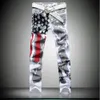 US Flag Printed Jeans High Stretch Slim Fit Casual Five Point Star Red Stripe Large Pants