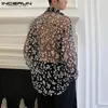 Incerun moda masculina camisa de malha manga longa impressão transparente casual solto topos streetwear lapela festa clubwear casmias 240220