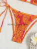 Women's Swimwear Sexy Band 3 Piece Bikini Set Women Orange Floral Print Pleate Push Up Micro 2024 Bathing Suit Tie Side Thong SwimsuitH24222