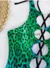 Kvinnors badkläder sexig ihålig ut en bit baddräkt kvinnor blå leopard tryck gradient bandage backless bikini baddräkt thong 2024h24222