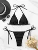 Traje de baño para mujer Lujo Jeweled Rhinestones Bikini Mujeres Black Cut Out Heart Matal Cadena Triángulo Traje de baño 2023 Traje de baño brasileño H24222