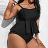 Women's Swimwear Swimsuit Woman 2024 Plus Size Split Black Ruffle Suspender Vest Tankini Two Piece Set Women Biquinis