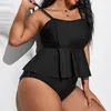 Costume da bagno donna Costume da bagno donna 2024 Plus Size Split nero con volant reggicalze Tankini Set due pezzi donna Biquinis