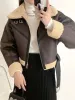 Jackets Winter Women Streetwear Faux Lamb Leather Fur Short Jacket with Belt Moto Biker Thick Warm Sheepskin Coat Outwear