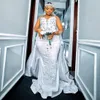 Nigéria Plus Size Aso Ebi Sereia Vestido de Noiva Vestidos de Noiva para Noiva com Trem Destacável Sheer Neck Mangas Compridas Frisadas Rendas Marraige Vestido para Meninas Negras NW099