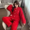 Women's Sleepwear Red Coral Fleece Pajamas Women Fall Winter Add To Thicken Cardigan Jubilant Loungewear Can Be Worn Outside