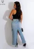 Skirts VAZN 2024 Buttons High Waist Pure Color Lady Long Skirt Women Fashion Sexy Street Style Pockets Denim Ankle Length