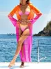 Damenbadebekleidung Sexy Kimono 3 Stück Bikini Set 2024 Frauen Rosa Farbverlauf Langarm Cover Up Badeanzug Urlaub Sommer Badeanzug TangaH24222