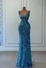 Stunning Blue Sequined Prom Dresses Sexy V Neck Sleeveless Mermaid Evening Gowns Bling Beads Sequins Long Robes