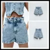23 Sommer europäische und amerikanische Vintage-Denim-Shorts, elastische hohe Taille, weites Bein, Hotpants, wassergewaschene Papiertüten-Shorts 6164106