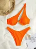Mulheres Swimwear 2024 Luxo Duas Peças Sólidas Patchwork Underwire Push Up Um Ombro Recortado Beachwear Biqunis Brasileiro Thong Bikini T240222