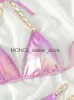 Women's Swimwear Push Up Bikini Micro Bikinis Set 2023 Pink Gradient Metal Strap Swimsuit Women Sexy Cut Out Bathing Suit High WaistH24222