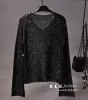 Suits Women Clothes 2023 Korean Fashion Sequins Vneck Big Trumpet Sleeve Hollow Out Light Silk Knitting Sweater Sheet Metal Coat