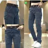 Mäns jeans Autumn Winter Kpop Fashion Style harajuku Slim Fit byxor Lossa alla matcher lastbyxor solida fickor avslappnad tjock