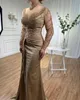 2024 Luxury Rose Gold Mermaid Evening Pageant Dress Long Sleeve High Neck Pärlor Paljetter Kvinnor Prom Formella klänningar över-kjol Vestidos de Fiesta