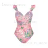 Women's Swimwear 2023 New Floral Printed One Pieces Swimwear +Dresses Backless Beeachwear Ruffle Strap Monokini Push Up Swimsuit Vintage T240222