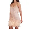 Robes décontractées Femmes Robe Gland Paillettes V Cou Sans Manches Dos Nu Plume Décor Lâche Rumba Cha-cha Costume De Danse Mini Club Party