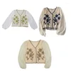Tricots pour femmes broderie florale pour veste boutonnée col en v Crochet chemisier en maille ample Wo