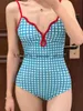 Women's Swimwear Retro Red Scalloped Rim Swimsuit Sexy Women Blue Plaid 2023 New Swim Bathing Suit One Piece Summer Beachwear MonokiniH24222