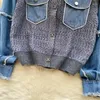 Women's Knits Korean Frayed Burrs Cowboy Long Sleeve Patchwork Knit Cardigan Sweater Spring Autumn Women Casual Lapel Knitwear