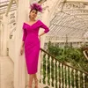 Fuchsia Short Gowns for Mother Of The Bride V Neck 3/4 Sleeves Satin Mothers Dresses Tea Length Mini Mum of Groom Gown for African Black Women AMM115