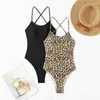 Kvinnors badkläder 2024 Leopardtryck 2-stycken Bikini Big Backless One Piece Swimsuit Women Solid Color Black Suspender Slim Beach Monokini