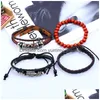 Bracelets de charme Vintage Punk Bracelets Mode Alliage Véritable Bracelets En Cuir Hommes Feuille Perles Brins Pour Bijoux Mtilayer Tressé Wrap Dhr6O