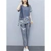 Women S Two Piece Pants Splicing Casual Denim Sets Female T Shirt Long Summer Loose Elastic Waist Jeans Suit Mother Piece High